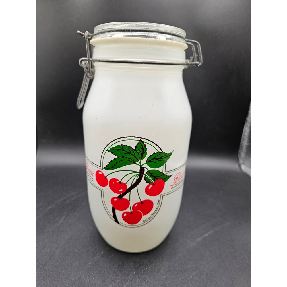 Vintage Ermetico White Milk Glass Cherry Flour Canister 2L Wheaton USA Jar Ld Ww